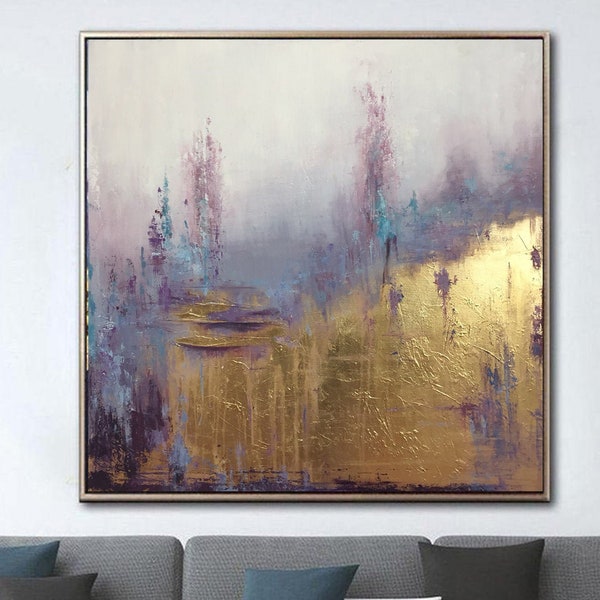 Luxury Forest Abstract Purple & Gold Painting Original Oil Painting on Canvas Creative Art for Living Room Home Decor Golden Nature