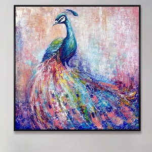 Peacock Painting Colorful – Textured Abstract Bird Canvas Wall Art Decor