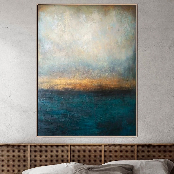 Abstract blauw schilderij grijs schilderij landschap schilderij zonsondergang schilderij oceaan schilderij getextureerde olieverfschilderij moderne kunst aan de muur voor de woonkamer