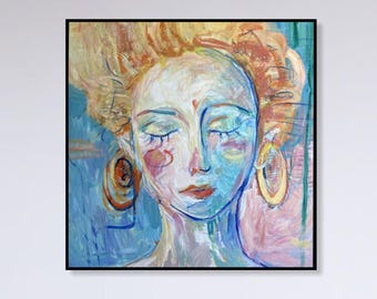 Whimsical Woman Portrait Painting | Colorful Pastel Figurative Wall Art for Home