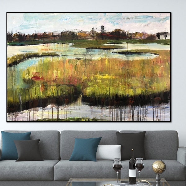 Original Village Painting On Canvas Abstract Acrylic Artwork Modern Country Rural Swamp Wall Art for Home Decor