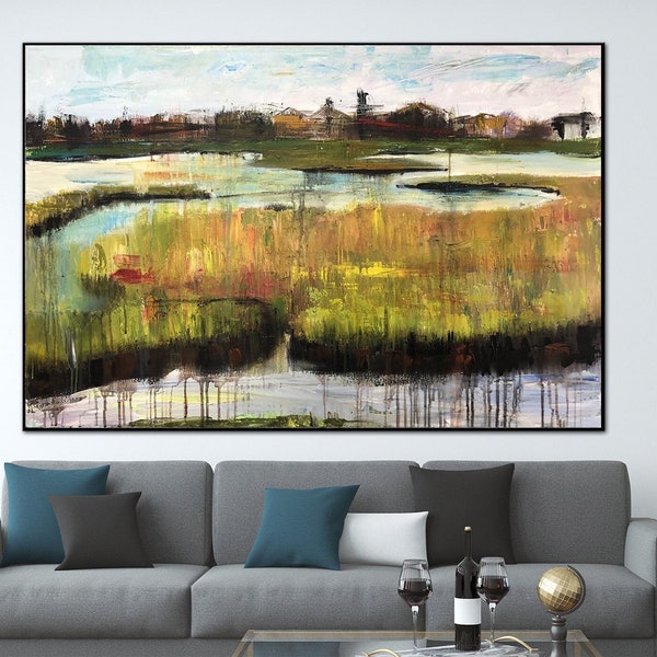 Origineel dorpsschilderij op canvas abstract acrylkunstwerk modern land landelijk moeras kunst aan de muur voor decor van het huis