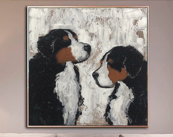 Bernese Mountain Dogs painting on canvas: original Bernese Cattle Dogs portrait in custom size as animal wall art for dogs lovers home decor