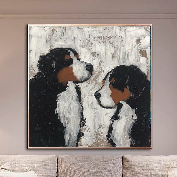 Dipinto di bovari bernesi su tela: ritratto originale di bovari bernesi in dimensioni personalizzate come arte da parete per animali per l'arredamento della casa degli amanti dei cani