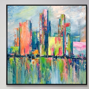 Cityscape Painting Colorful – Abstract Skyline Modern Canvas Wall Art Decor
