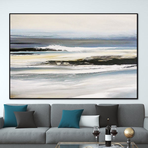 Abstract Ocean Beach Painting on Large Canvas Contemporary Original Textured Artwork for Bedroom