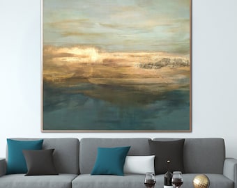 Pintura abstracta de paisaje dorado y azul – Lienzo suave para pared