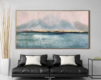 Ocean Abstract Painting / Gold Navy Blue Wall Art Framed Acrylic Oil Painting Original Textured Wall Art Living Room Above Bed Art Modern