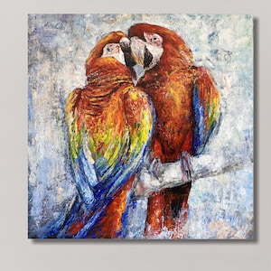 Colorful Macaw Parrot Oil Painting: Abstract Tropical Wildlife Art, 40&quot;x40&quot;