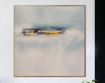 Minimalist Abstract Painting Pastel Blue Gold Textured Wall Art Decor