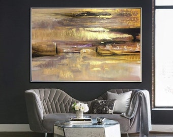 Large Original Paintings On Canvas Oil Modern Abstract Artwork Gold Leaf Contemporary Art Rich Textured Painting for Living Room Wall Decor