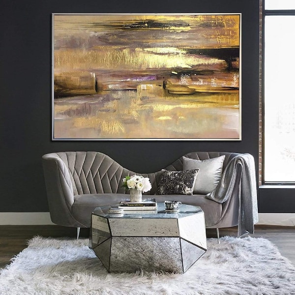Large Original Paintings On Canvas Oil Modern Abstract Artwork Gold Leaf Contemporary Art Rich Textured Painting for Living Room Wall Decor