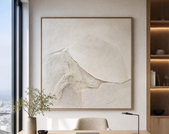 Oversized Neutral Beige Abstract Painting Heavy Textured Canvas Japandi Plaster Organic Relief Wall Art