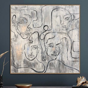 Abstract Faces Paintings On Canvas White Painting Acrylic Figurative Artwork 50x50 People Painting Minimalist Wall Art for Indie Room Decor image 1