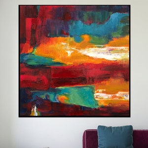 Toile abstraite colorée audacieuse | Décoration murale moderne rouge orange
