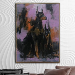 キャンバスに描かれたドーベルマンのオリジナル油絵、犬の肖像画の壁