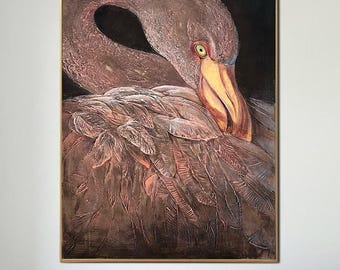 Flamingo Bird Painting | Textured Bronze Wildlife Wall Art for Living Room