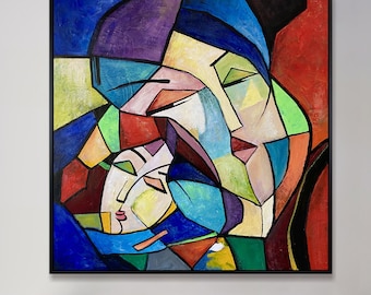 Cubist Painting Mother and Child – Colorful Abstract Family Love Wall Art