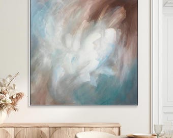 Soft White Blue Brown Abstract Painting | Ethereal Wall Art for Bedroom