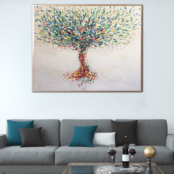 Empâtement coloré arbre de vie abstrait peinture originale d'arbre grand art multicolore sur toile art de la nature oeuvre d'art moderne pour le salon
