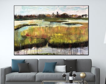 Original Village Painting On Canvas Abstract Acrylic Artwork Modern Country Rural Swamp Wall Art for Home Decor