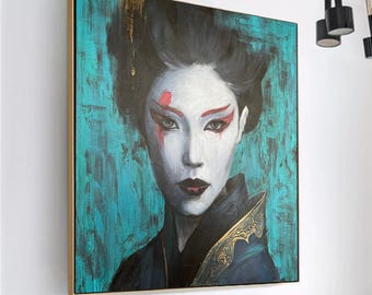 手作りのテクスチャード芸者肖像画：アジア風の女性的なキャンバス絵画