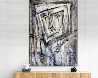 Cubist Portrait Painting Grey Beige Textured Abstract Face Wall Art