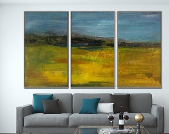 Abstract Set Of 3 Acrylic Paintings On Canvas Original Modern Wall Hanging Art Textured Blue and Yellow Artwork Decor for Bedroom