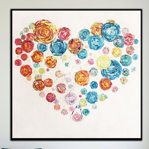 Floral Heart Impasto Painting: Romantic Love-Themed Canvas Art