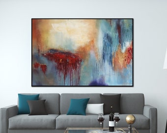 Abstract Colorful Painting on Canvas Blue Wall Art Original Red Artwork Contemporary Wall Art Modern Oil Painting for Indie Room Decor