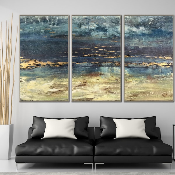 Peinture de paysage abstraite sur toile, art mural triptyque, oeuvre d'art neutre, art mural contemporain, lot de 3 peintures pour décoration d'escalier