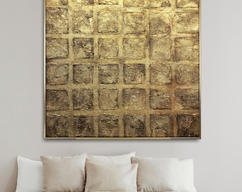Textured Gold Grid Painting – Abstract Metallic Canvas Wall Art