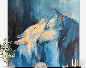 Expressive Wolf Kunstwerk Moderne Wildtier-Themen Wand Dekor Natur Schönheit Kunst Tier Malerei Blau und Orange Wilderness Art 32x32"