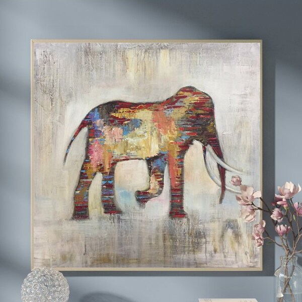 Elephant Abstract Animal Painting Original Colorful Artwork Contemporary Art for Staircase Decor