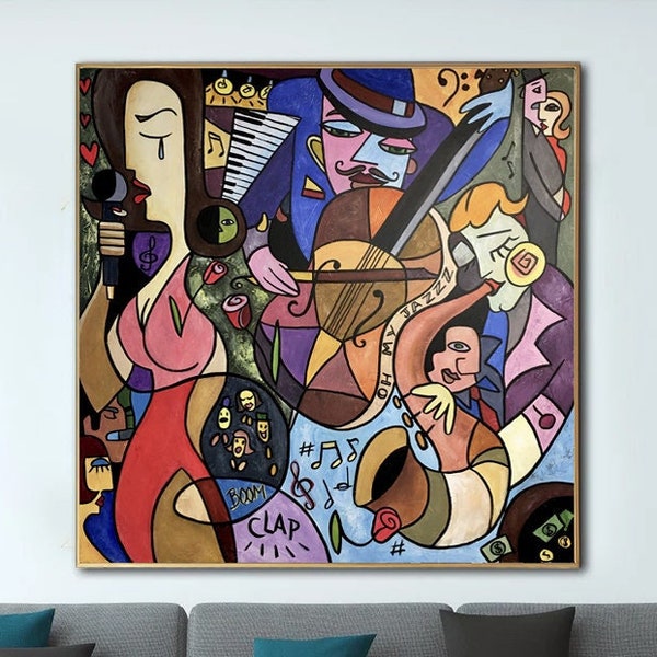 Grandi dipinti figurativi astratti colorati su tela Pittura originale di lusso in stile Picasso Arte strutturata Pittura a olio acrilica Decorazione murale