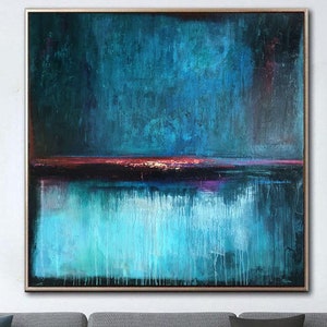 Original Abstract Seascape Painting: Textured Blue & Red Art