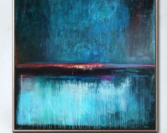 Original Abstract Seascape Painting: Textured Blue & Red Art