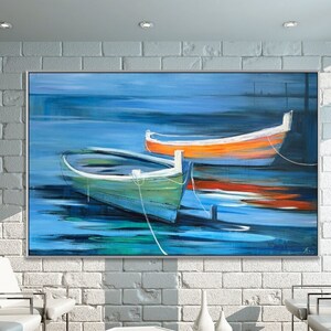 Abstract Boat Painting: Tranquil Waters, Modern Coastal Wall Art