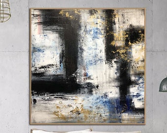 Large White & Gold Painting Original Artwork Black And Blue Art Abstract Paintings On Canvas Unique Wall Art For Living Room Home Decor