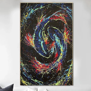 Pittura astratta di pesci elettrici: arte su tela nautica al neon
