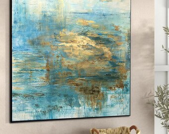 Aqua Gold Leaf Abstract Painting: Large Contemporary Wall Art