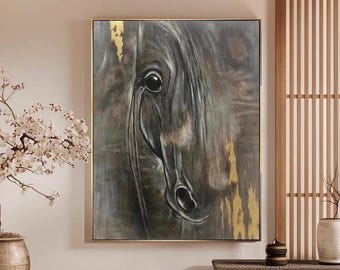 Grey Horse Painting | Textured Gold Accent Wildlife Wall Art for Home