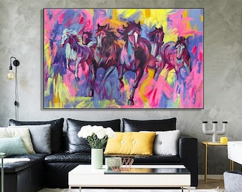 Originele rennende paarden Acryl schilderij abstract dier schilderij op canvas getextureerde muur kunst voor decor van het huis LAATSTE RACE