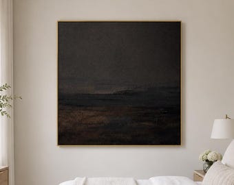 Oversized Dark Moody Abstract Landscape Painting Heavy Textured Canvas Charcoal Brown Horizon Wall Decor