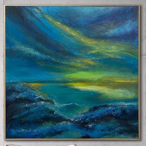 Blue Green Abstract Mountain Sunset Aurora Borealis Painting