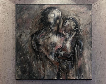 Abstract Figurative Paintings On Canvas In Dark Colors Expressionist Art Humans Couple Painting Original Romantic Art Textured Painting