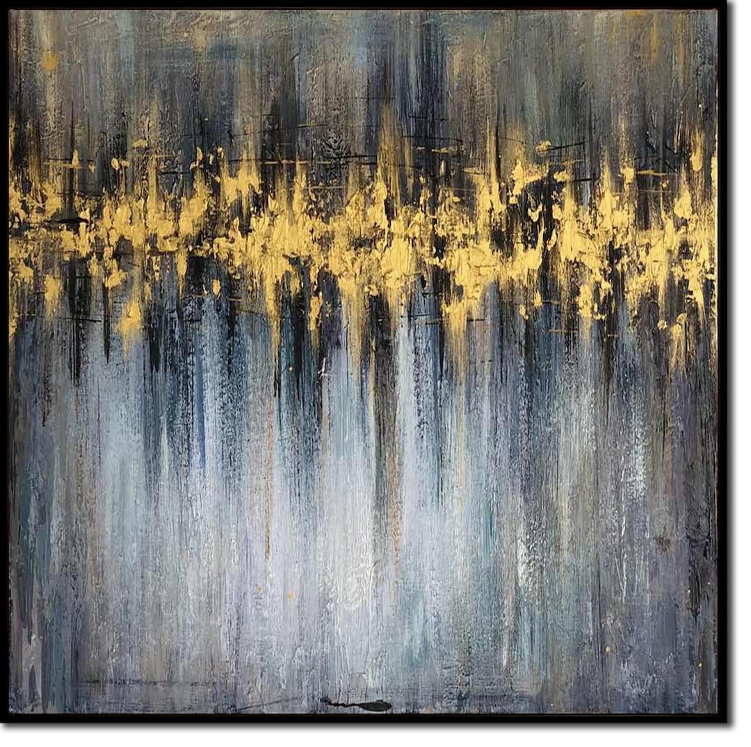 Large Abstract Gold Painting Textured Canvas Art With Metallic Gray and ...