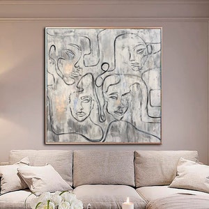 Abstract Faces Paintings On Canvas White Painting Acrylic Figurative Artwork 50x50 People Painting Minimalist Wall Art for Indie Room Decor image 3