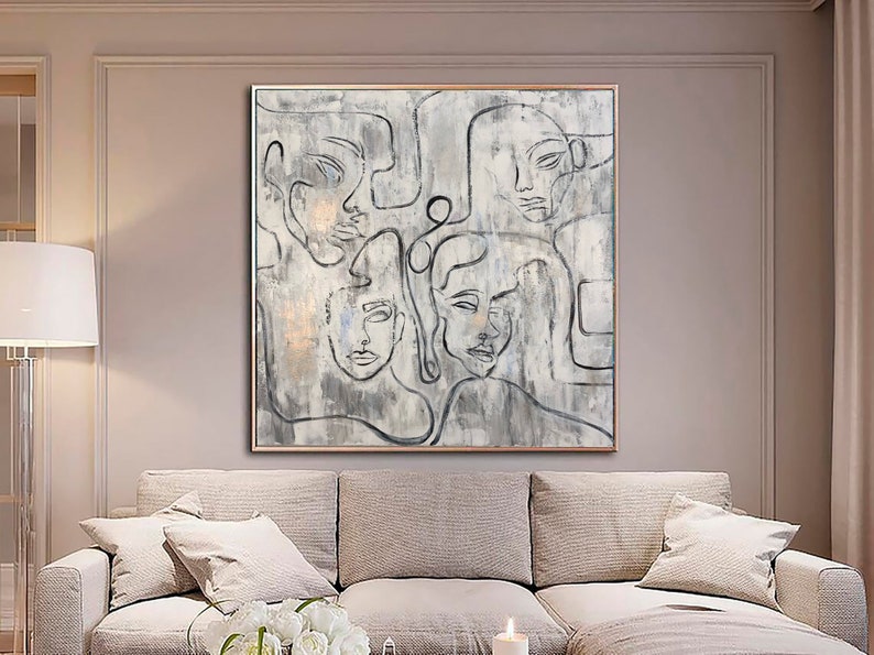 Abstract Faces Paintings On Canvas White Painting Acrylic Figurative Artwork 50x50 People Painting Minimalist Wall Art for Indie Room Decor image 3