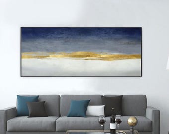 Navy Gold Abstract Landscape Painting Minimalist Horizon Modern Wall Art